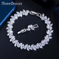 Wholesale Link Chain ThreeGraces Shiny Marquise Cut CZ Silver Color Leaf Shape Link Bracelet Bangle For Brides Wedding Party Prom Jewelry BR155