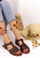 Wholesale Sultan Wanda Leather Straps Slip on Sandals Ladies Flats Tan Brown Slides Female Mules Summer Fashion Slippers Shoes Women