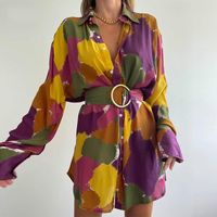 Wholesale Casual Dresses High Street Long Sleeve Short Shirt Dress Summer Women Color Block Camo Turn Down Collar With Belt