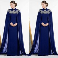 Wholesale Dubai Arabic Dark Blue Sheath Evening Dresses With Cape Beaded Jewel Neck Long Sleeves Kaftan Floor Length Formal Prom Dress Long Sleeve