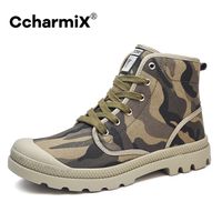 Wholesale CcharmiX Men Canvas Boots Army Combat Style Fashion High top Military Ankle Boots Men s Shoes Comfortable Camo Sneakers Big Size