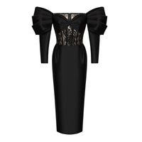 Wholesale Casual Dresses Lace Women Long Dress Sexy Puff Sleeve Black White Elegant Party Club Celebrity Summer Autumn Clothing