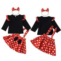 Wholesale Clothing Sets Girls Long Sleeve Top Dot Strap Skirt Set Black Lace Cute Red White Bow Hair Band Summer Three Piece