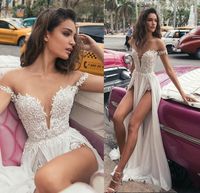Wholesale 2021 Designer Lace Bobo Wedding Dresses A Line Lace Beading High Split Summer Beach Chiffon Bridal Gowns Illusion Jewel Neck Fashion Show