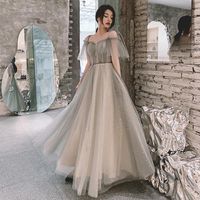 Wholesale Ethnic Clothing Spaghetti Strap Evening Party Dress Gray Elegant Bridesmaid Fairy Maxi Mesh A line Prom Gown Celebrity Banquet