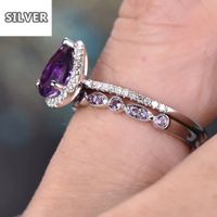 Wholesale Boho Female Purple Water Drop Ring Set Fashion Silver Love Engagement Amethyst Vintage CZ Wedding For Women