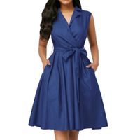 Wholesale Women Dresses Sleeveless Notched Solid Navy Blue With Bow Sashes Summer A line Beach Office Dress Plus Size XL Party Vestidos