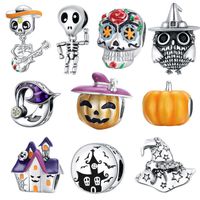 Wholesale WOSTU Halloween Charms DIY Bracelet Sterling Silver Skull Pumpkin Ghost Witch Hat Pendant Beads Fit Necklace Jewelry Making