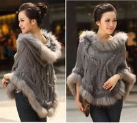 Wholesale Fahion Luxury Women s Genuine Real Rabbit Fur Raccoon Fur Trimming Knitted pullovers Stole Cape Poncho Wraps Sweatercoat