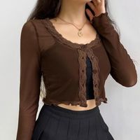 Wholesale Women s T Shirt See Through Sexy Goth Mesh Top Woman Tshirts Lace Trim Brown Vintage E Girl Clothes V Neck Long Sleeve Cropped Tee