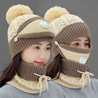 Wholesale Fleece Lined Women Beanie Knit Hat winter hat scarf Mask Set Girls Warm Hat Earmuffs Cap with Pom