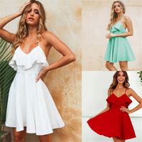 Wholesale 2021 Summer Women s Sexy Lacing Bare back V Neck Lace Dress White Beach Mini Slip Dress Green High Street Big Swing Skirt Y0708