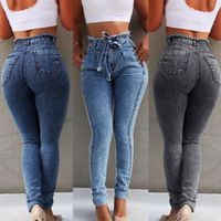 Wholesale 70 Hot Sell Fashion Plus Size Fashion Belted High Waist Stretch Comfortable Skinny Jeans Women Stretch Denim