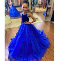 Wholesale Girl s Dresses Blue A Line Flower Girls Bead Neck Organza Kids Pageant Gown Custom Made Child Party Skirts