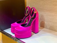 Wholesale Satin platform super high heel sandals crystal embellished rhinestone dinner shoes chunky heel slippers ladies