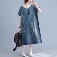 Wholesale Casual Dresses Spring break denim dresses for women v neck midi jean holes in short sleeves down big vintage pockets UZDO