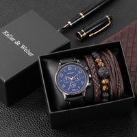 Wholesale Wristwatches Watch Bracelet Set Men Fashion Blue Quartz Face Leather Strap Brown Woven Bracelets Wedding Anniversary Gifts For Husband