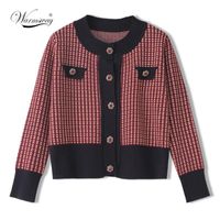 Wholesale Women s Knits Tees Red Palaid Cardigan Vintage Spring Women Cropped Sweater Coat Full O Neck Diamond Buckle Knit Elegant Tops C