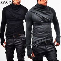 Wholesale Gothic Men Black T Shirt Solid Heap Collar Super Long Sleeve With Gloves Casual Tees Men s Warm Tops San01
