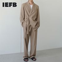 Wholesale IEFB Korean Trend Men s Cotton Suit Coat Loose Casual Bandage Belt Blazers Spring Autumn Blazer Khaki Clothing