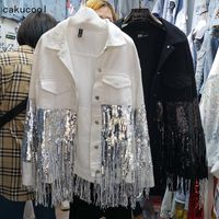 Wholesale Women s Jackets Cakucool White Denim Jacket Sequined Tassels Jeans Korean Loose Shimmer Punk Coat Casual Girls Outerwear