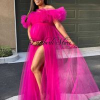 Wholesale Hot Pink Off The Shoulder Tulle Long Robe For Pregnant Women Dresses Side Split Ruffles Bridal Shower Dress Vestido De Mujer Q0707