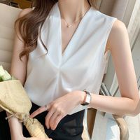 Wholesale Women s T Shirt Color Sleeveless Satin Tops For Women Summer Cross V neck Loose Western Style Thin Korean Chiffon Shirts