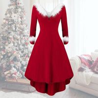 Wholesale Casual Dresses Xmas Long sleeved V Neck Party Dress White Plush High Low Hem Patchwork Waist Tight Large Christmas Cosplay Costum