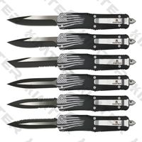 Wholesale Black America Flag Big Dual Action out the front Automatic Knives D Printing Flat Handle EDC Tactical Camping Gear Pocket Knife Tools with Nylon Pouch Gift for Man