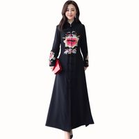 Wholesale Casual Dresses Black Embroidery Ankle Length Dress Women Chinese Style Long Sleeve Stand Spring Vintage Single breasted