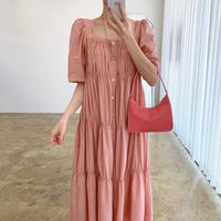 Wholesale Casual Dresses Korean Chic Summer Soft Pink Square Collar Woman With Leaky Collarbone Single Breasted Party TR85