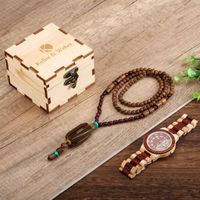 Wholesale Wristwatches Luminous Hands Full Wood Watch Men s Vintage Quartz Watches Male Bead Necklace Pendant Birthday Gift To Father With Wooden Box