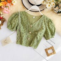 Wholesale 2021 Women Sexy Hollow Out Crop Tops Summer Sweet Sleeve v Neck Short Blouse Ladies Lace Gold Button White Shirts Mdf1