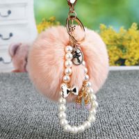 Wholesale Lavender Fur Ball Key Chain Jewelry Rhinestone Charms Flower Clover Keychains Rings Holder Accessories Fashion Women Imitation Pearl Bag