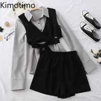 Wholesale Kimotimo Piece Outfits For Women Long Sleeve White Blouse Shirt Crop Vest Tops High Waist Shorts Elegant Casual Set Women s Tracksuits
