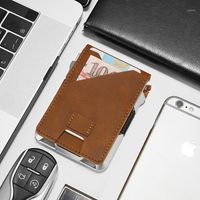 Wholesale Rfid Aluminium Metal Wallets Men Card Holder Small Short Magic Wallet Money Bag Vintage Male Trifold Leather1