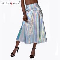 Wholesale Skirts Shiny Wet Look Hologram Long Skirt High Waist Loose A Line Sexy Women Party Clubwear With Pocket Autumn Fashion