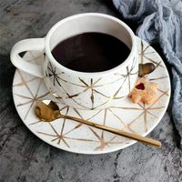 Wholesale Mugs Single Cup And Plate Set Nordic Plaid Gold bellied Coffee Afternoon Tea Cute Cups