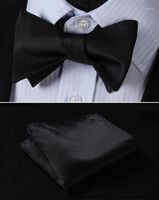 Wholesale BC2001L Pure Black Check Classic Silk Jacquard Woven Men Butterfly Self Bow Tie BowTie Pocket Square Handkerchief Suit Set1