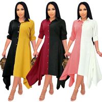Wholesale Contrast Color Patchwork Irregular Long Dress Woman Turn Down Collar Full Sleeve Shirt Dresses Office Lady Button Blouse Dress