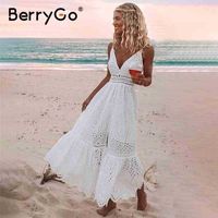 Wholesale BerryGo White pearls sexy women summer dress Hollow out embroidery maxi cotton dresses Evening party long ladies vestidos