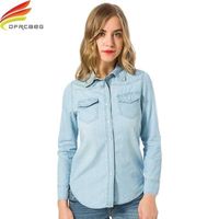 Wholesale Denim Shirt Women Autumn Blue And Sky Blue Clothes Plus Size Shirt With Double Pockets Long Sleeve Blouse Elegant Shirts