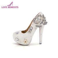 Wholesale Dress Shoes White Pearl Wedding Silver Flower High Heel Performance Beautiful Bridal Plus Size Bridesmaid