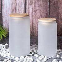 DHL Sublimation Glass Mugs with Bamboo Lid Straw DIY Blanks Frosted Clear Can Shaped Tumblers Cups Heat Transfer 16oz Cocktail Iced Coffee Soda Glasses FY5118