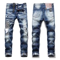 Wholesale Men Badge Rips Stretch hole Jeans Men s Fashion Slim Fit Washed Motorcycle Denim Pants Panelled Hip HOP Embroidered paint splatter Trousers NEW stlyls