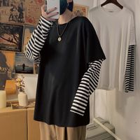 Wholesale Long Sleeve Men s T shirts Fake Two Pieces Men Tops casual T shirt Chic Striped Patchwork Ulzzang Spring Korean Style BF Tshirts Teens Retro Clothing for male
