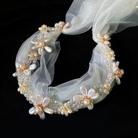 Wholesale Wedding Bridal Romantic Headband with Mesh Veil Crystal Chain Pearl Flower Hair Hoop Jewelry Party Fairy Headpiece