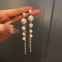 Wholesale Stud S925 Silver Needle Long Tassel Pearl Earrings European And American Exaggerated Design Sense Set Diamond Fashion Jewelry