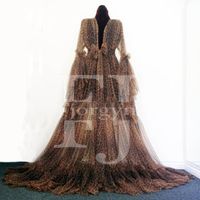 Wholesale Casual Dresses Sexy Fashion Leopard Print Dressing Gowns Real Image Bridal Robe Long Sleeve Ruffled Bow Sash Evening Party Gown Maternity Dr