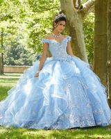 Wholesale Light Sky Blue Princess Quinceanera Dress Off Shoulder Appliques Sequins Flowers Party Sweet Gown Vestidos De Años